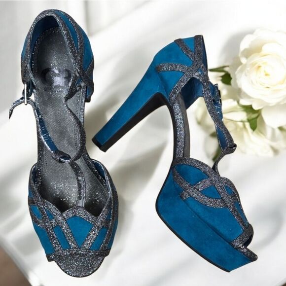 Gianni Bini Women's GB Teal Suede Glitter Platform Pumps Peep Toe 9M Formal Club - Picture 2 of 15